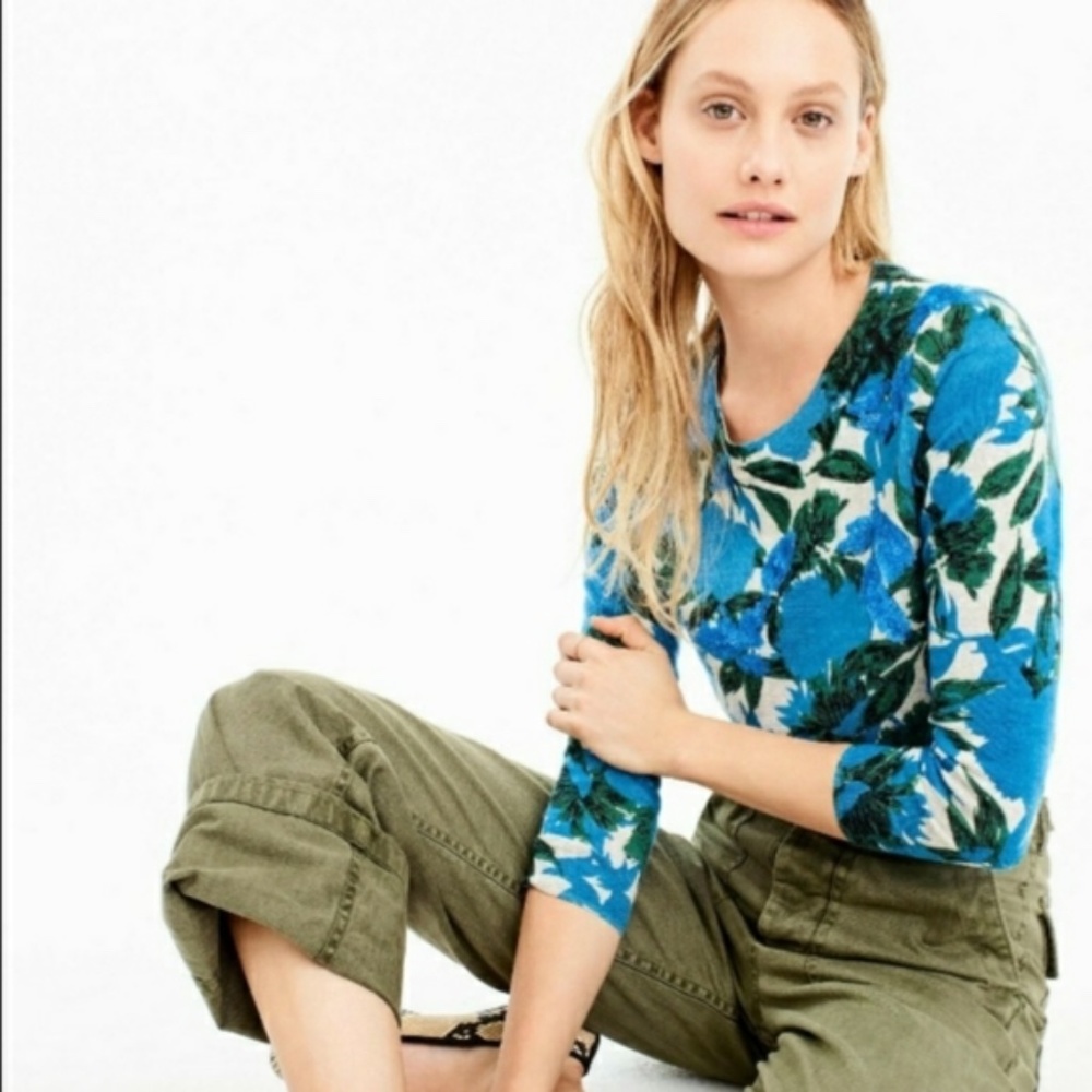 J. Crew Merino Wool Tippi Blue Floral Sequin Sweater